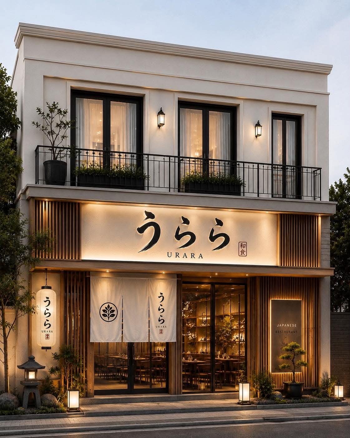 Two-storey commercial building with illuminated storefront signage