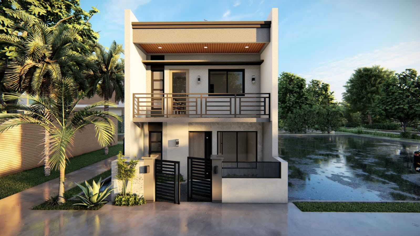 Narrow-lot two-storey house with balcony and steel gate