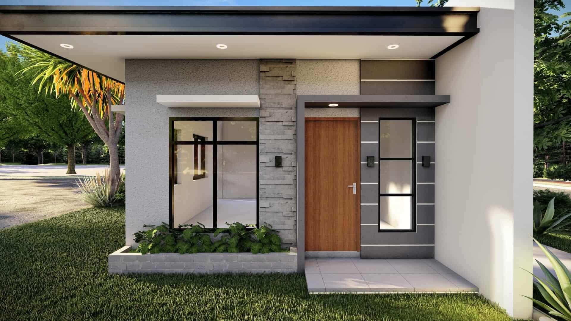 Minimalist house entrance with stone cladding and wooden front door