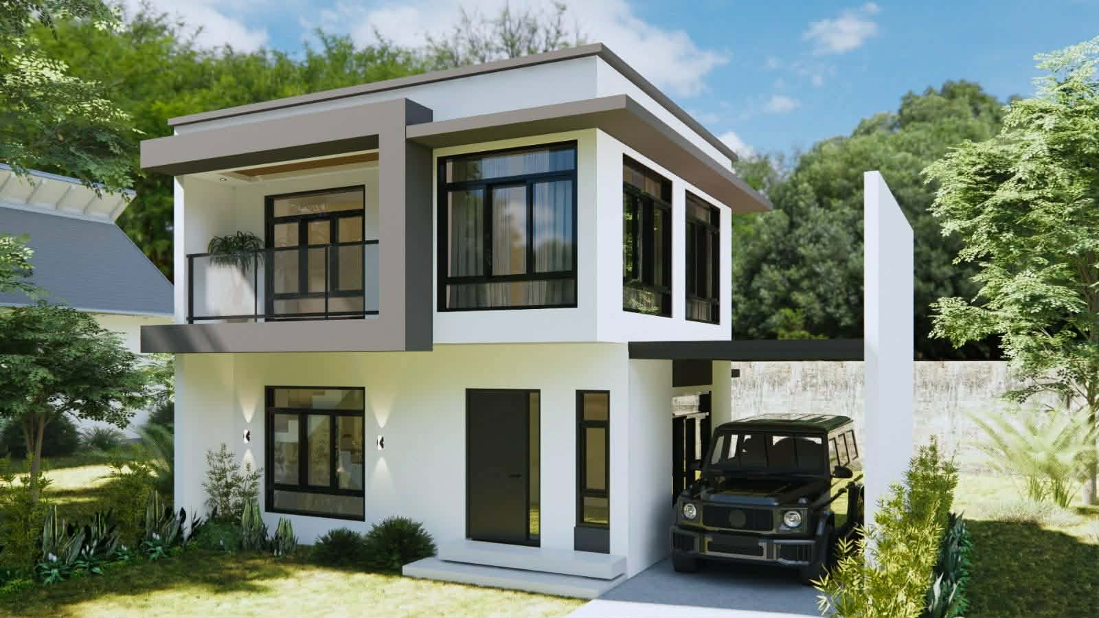 Two-storey modern home with grey accent walls and covered carport