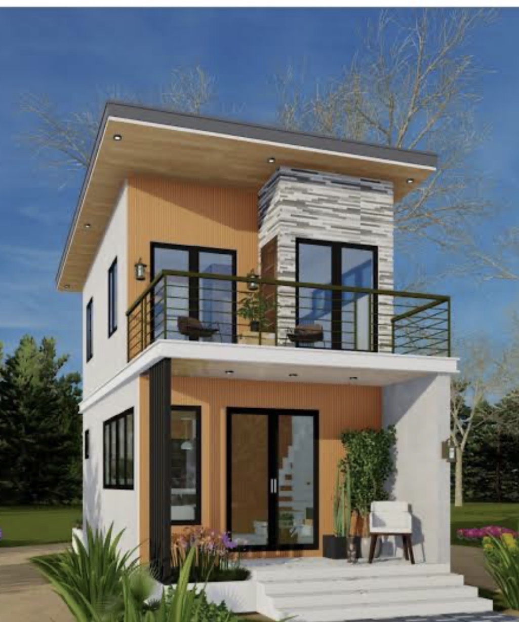 Small two-storey modern home with wood accents and roof deck railing